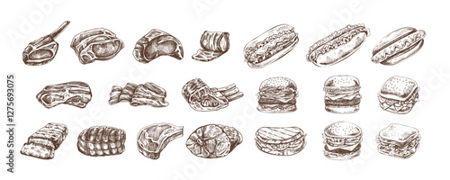 Set of hand-drawn monochrome sketches of different types of meat, steaks, chicken, kebabs, bacon, tenderloin, pork, beef, ham, barbecue, burgers, sandwiches, hot dogs. Vintage illustration.