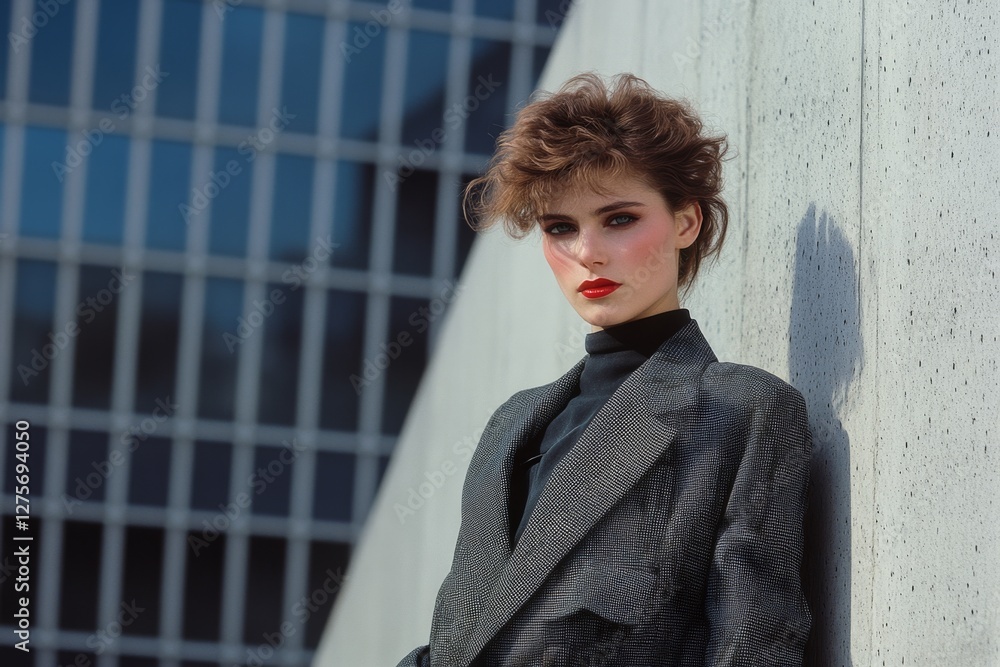 Fototapeta premium Fashion-forward individual stands against a modern building facade, exuding confidence and style with intense makeup and sleek, tailored attire.