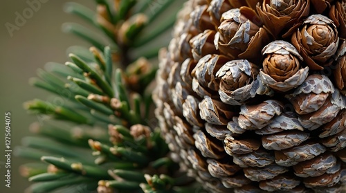 A close-up photo of a detailed pinecone, showcasing its intricate patterns and textures, evoking a sense of nature's beauty and the seasonal charm of autumn photo