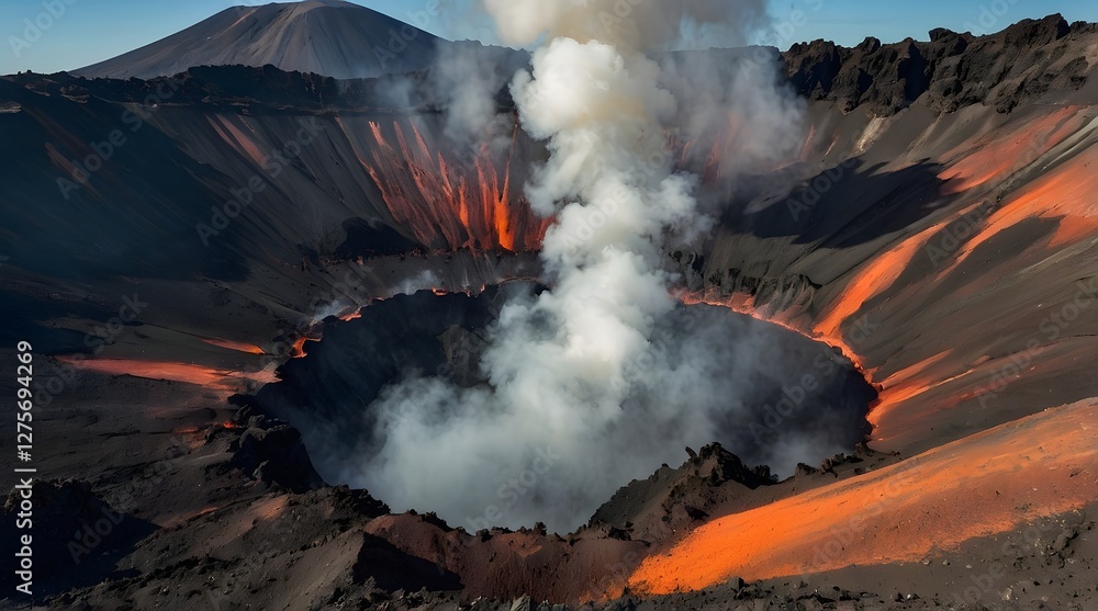Aerial view of an active volcanic crater emitting smoke and steam, surrounded by rugged terrain and lava deposits, showcasing the raw power and beauty of Earth's geological processes Aerial view of an active volcanic crater emitting smoke and steam, surrounded by rugged terrain and lava deposits, showcasing the raw power and beauty of Earth's geological processes