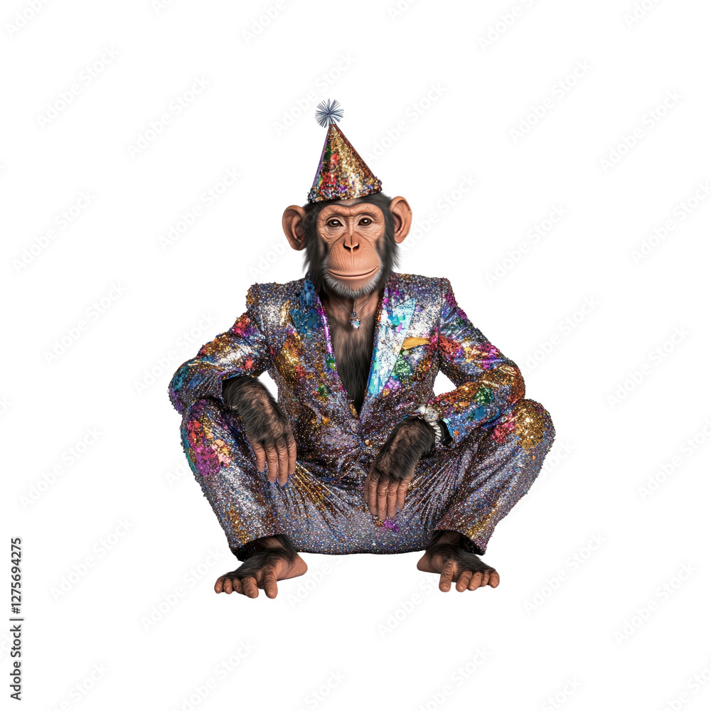 Festive Chimpanzee in Sequined Suit Celebration and Style Festive Chimpanzee in Sequined Suit Celebration and Style
