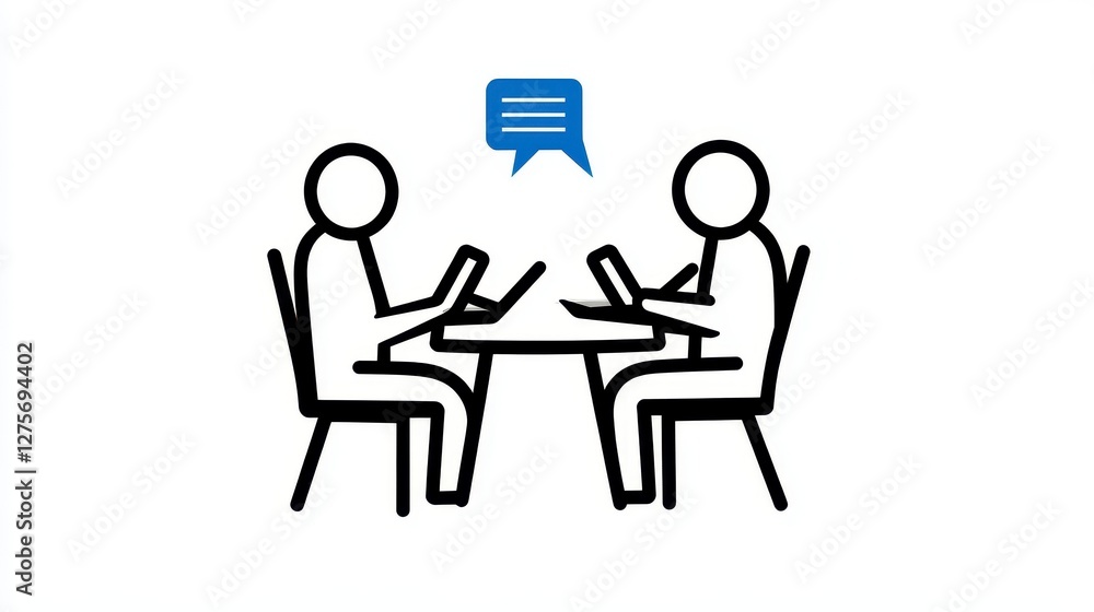 Simple Line Art Illustration of Two Figures in Conversation at a Table Simple Line Art Illustration of Two Figures in Conversation at a Table