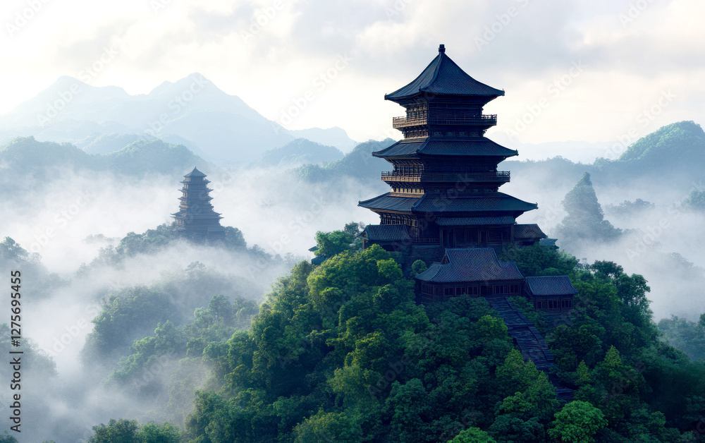 Mysterious temples shrouded in misty mountains and lush greenery. Mysterious temples shrouded in misty mountains and lush greenery.