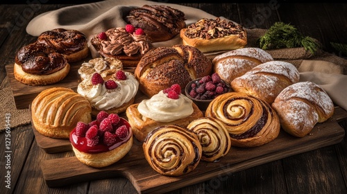 Wallpaper Mural Assorted freshly baked pastries displayed on a wooden board with raspberries and chocolate in a cozy setting Torontodigital.ca