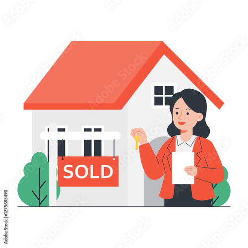Happy real estate agent handing house keys to new homeowner after successful property sale