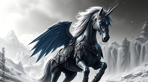 A majestic black armored unicorn with glowing blue eyes and dark wings stands in a frozen wasteland, exuding power and mystery, embodying the essence of fantasy, magic, and mythical strength.