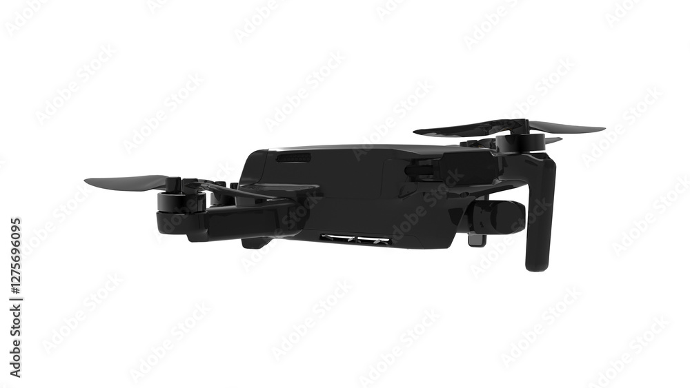 Black drone quadcopter with digital camera and sensors flying isolated on white Black drone quadcopter with digital camera and sensors flying isolated on white