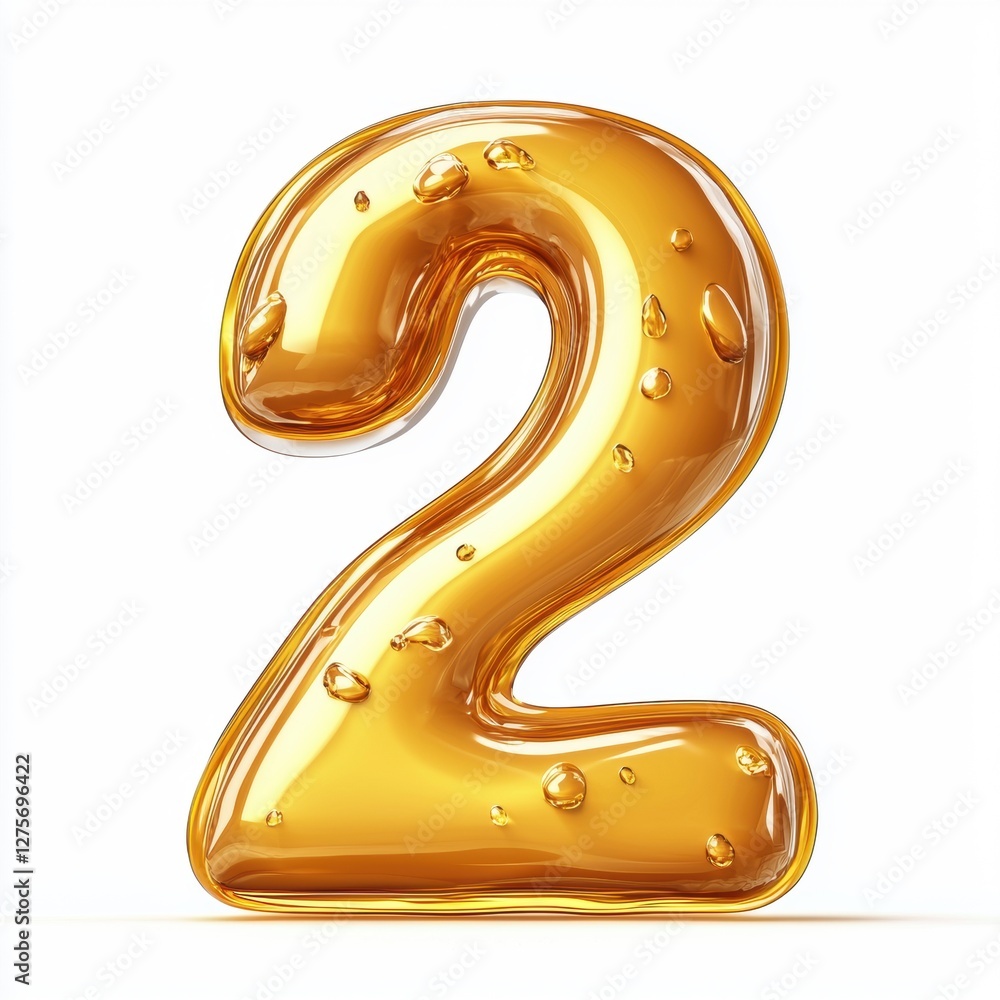 Number 2 made of thick golden caramel with glossy reflections isolated on a clean white background Number 2 made of thick golden caramel with glossy reflections isolated on a clean white background