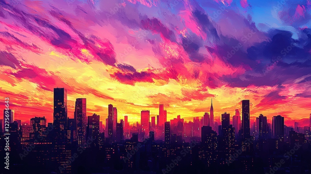 Fototapeta premium Vibrant Cityscape Sunset: A Breathtaking Panorama of Urban Beauty