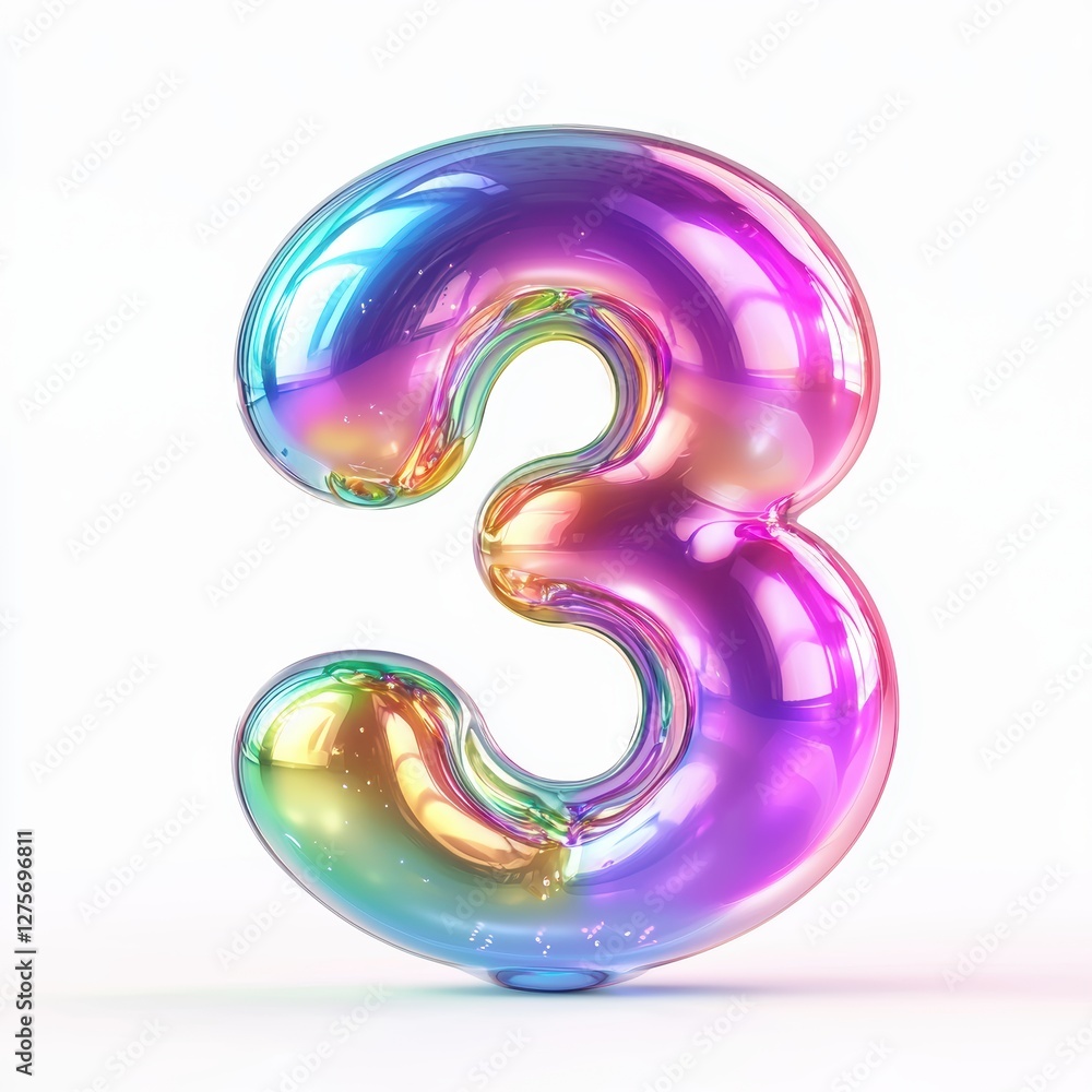 Number 3 made of floating iridescent soap bubbles with soft rainbow reflections isolated on a clean white background Number 3 made of floating iridescent soap bubbles with soft rainbow reflections isolated on a clean white background
