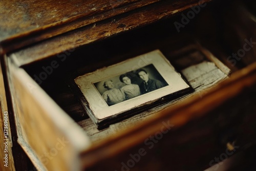 A vintage family photograph rests in an old drawer, evoking nostalgia and a connection to treasured memories and history.