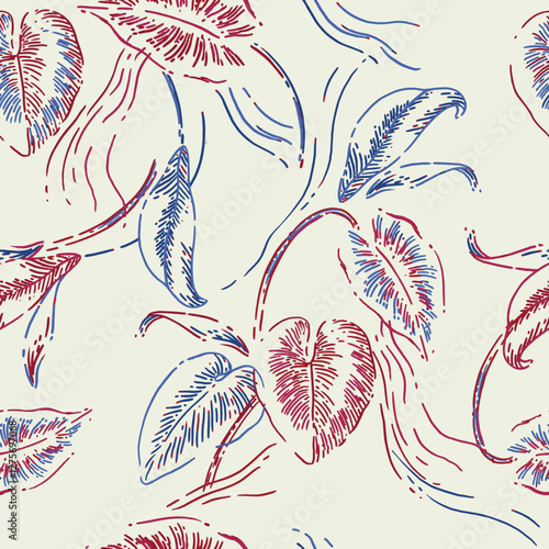 Hand drawn, off white background, abstract leaves, red and blue, endless, all over print to use textile, fabric, clothing, backdrop, wallpaper, blanket, home textile