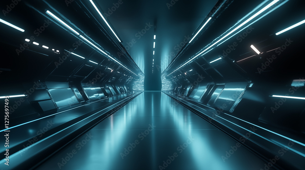 Futuristic Cyberpunk Tunnel: The image is of a captivating, futuristic tunnel with sleek lines illuminated by cool neon lights, creating a sense of movement and advanced technology. Futuristic Cyberpunk Tunnel: The image is of a captivating, futuristic tunnel with sleek lines illuminated by cool neon lights, creating a sense of movement and advanced technology.