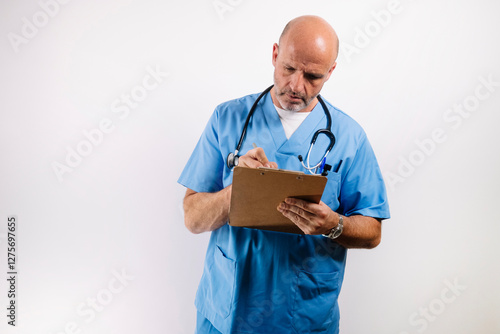 A Doctor in light blue gown looking at camera in studio. photo