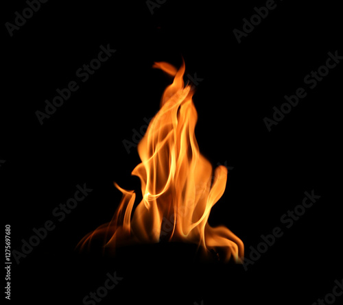 Abstract flames collection isolated on black background. Flames on black background. Concept of burning effect texture. Graphic design. Bonfire. Flames at night. Flame effect with burning fire.
