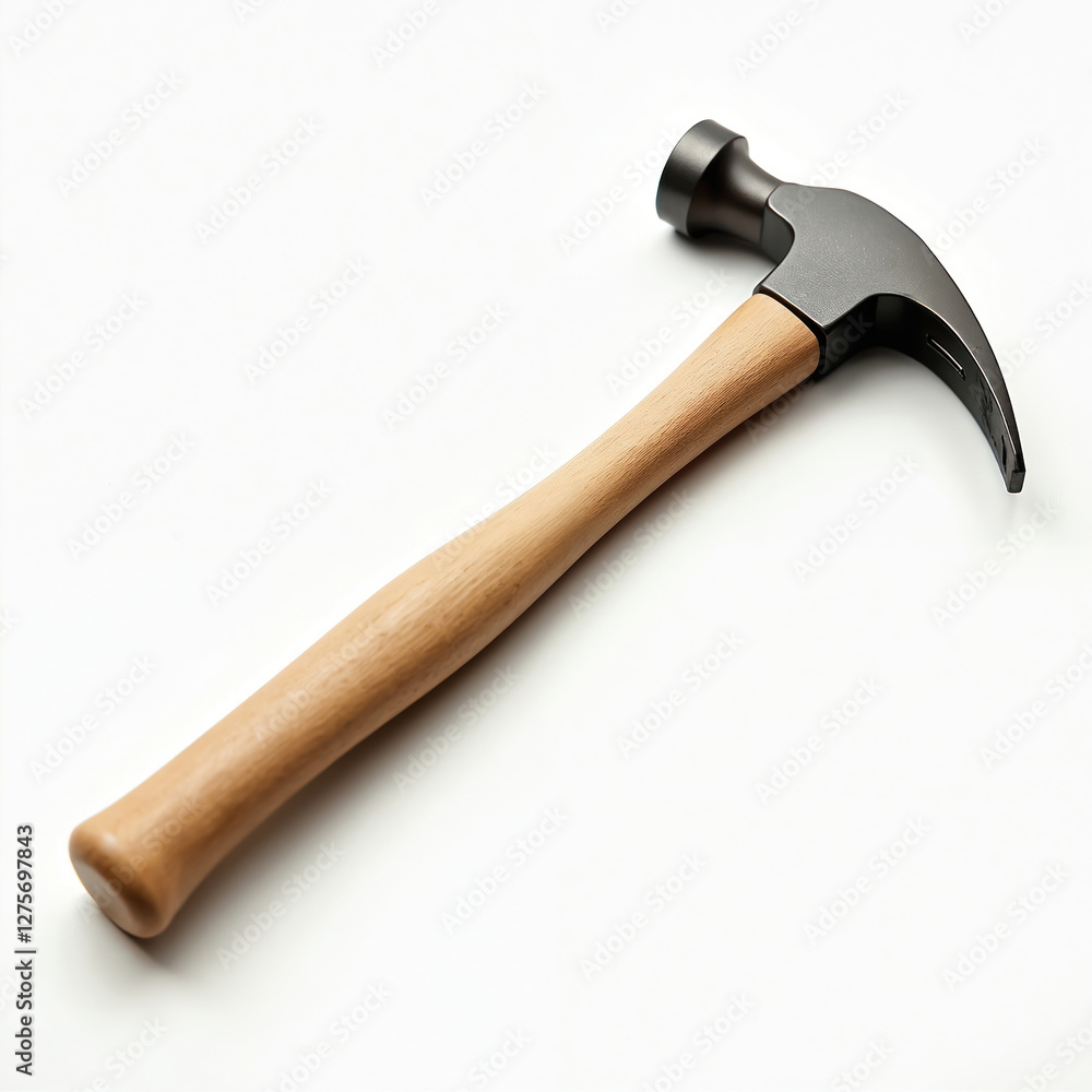 Hammer mockup photo on white background. Tool for construction work, craft. Steel head, wooden handle, manual equipment, hand instrument for carpentry, woodwork. Isolated object, blank space. Hammer mockup photo on white background. Tool for construction work, craft. Steel head, wooden handle, manual equipment, hand instrument for carpentry, woodwork. Isolated object, blank space.