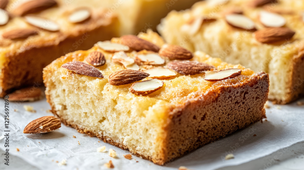 Close up of almond bread with soft texture, topped with sliced almonds, showcasing delicious and inviting appearance. Perfect for dessert or snack time Close up of almond bread with soft texture, topped with sliced almonds, showcasing delicious and inviting appearance. Perfect for dessert or snack time