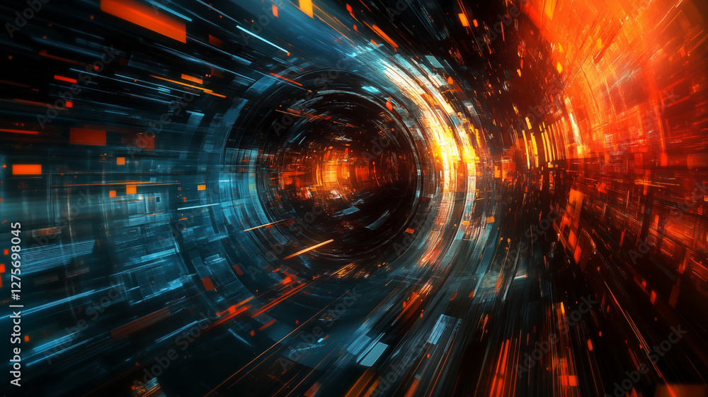 Fototapeta premium Abstract Technology Tunnel with Dynamic Fractal Energy and Space Elements