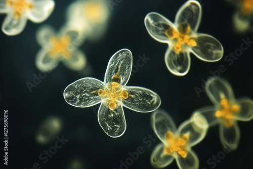 Close-up of translucent sea microorganisms glowing against a dark backdrop, showcasing their intricate, delicate structures.