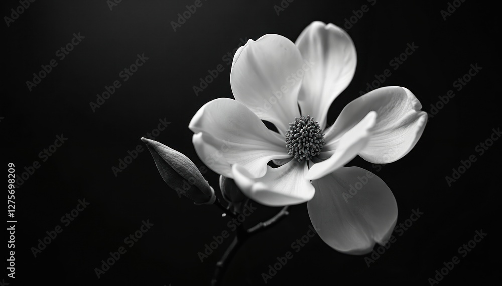 Obraz premium Stunning artistic black and white photo captures magnolia flower bloom on dark background. Blossom has petals detail. Elegant monochrome image shows graceful plant, central stigma, soft texture.