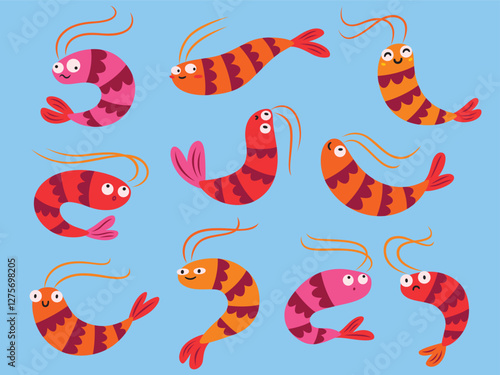 Set with cartoon shrimps on blue