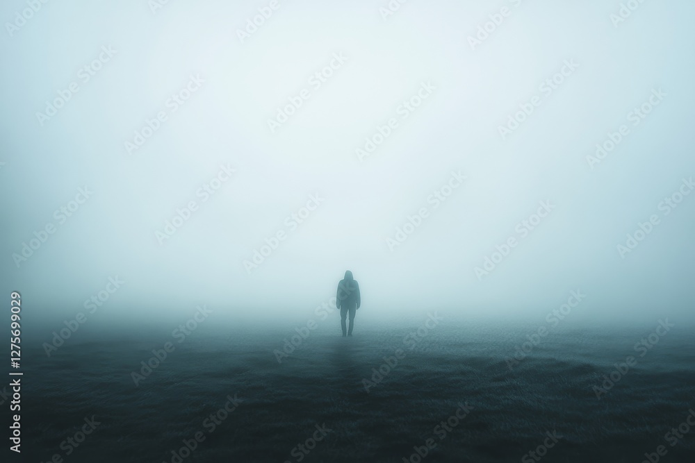 A solitary figure stands enveloped in thick fog, evoking a sense of mystery and introspection in a dreamlike, ethereal landscape. A solitary figure stands enveloped in thick fog, evoking a sense of mystery and introspection in a dreamlike, ethereal landscape.