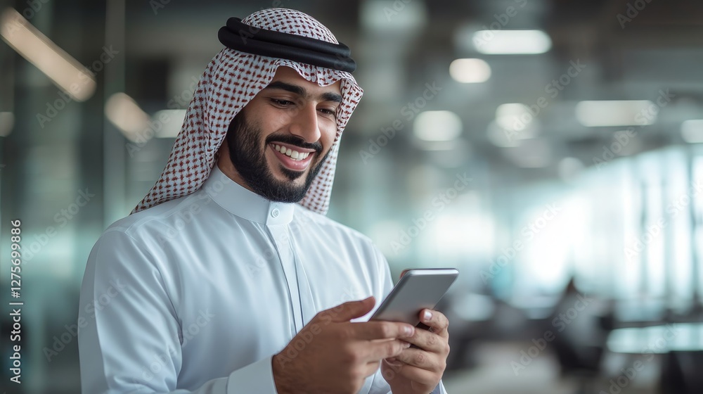 Smiling Middle Eastern Businessman Checking His Phone in Modern Office, Business Success Concept, Smiling Middle Eastern Businessman Checking His Phone in Modern Office, Business Success Concept,