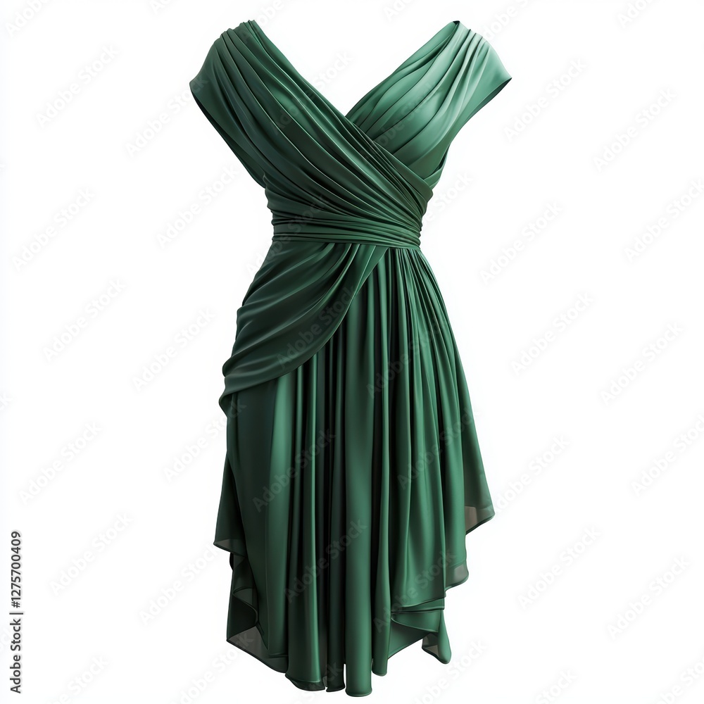 Elegant draped wrap dress in deep emerald green isolated on white Elegant draped wrap dress in deep emerald green isolated on white