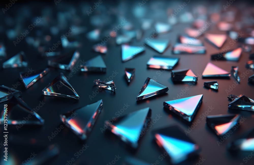 Obraz premium Reflective triangular shards scattered on dark surface create an abstract trendy tech background. Geometric crystal shapes with light glow, shimmer. Minimal futuristic elegant premium style.