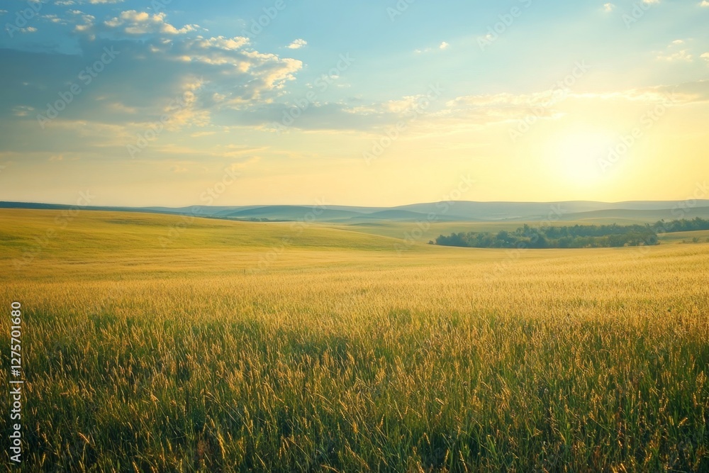 Golden wheat field sunset landscape, rolling hills background, rural scene Golden wheat field sunset landscape, rolling hills background, rural scene