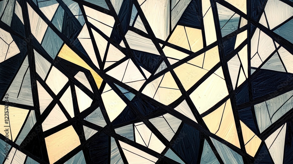 Fototapeta premium Abstract Geometric Artwork: Interlocking Triangles and Rectangles in Hues of Blue, Beige, and Black