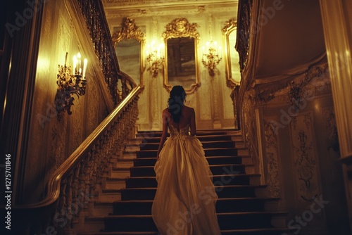 A woman in an elegant gown ascends a grand, ornate staircase, bathed in golden, ambient light, evoking a sense of timeless elegance and mystery.
