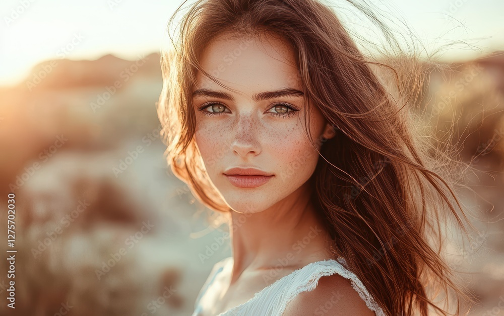 , Elegant woman with soft waves in her hair, blurred dramatic desert landscape , Elegant woman with soft waves in her hair, blurred dramatic desert landscape