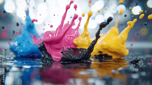 CMYK ink splash explosion, vibrant colors.