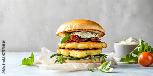 Stacked Vegetarian Burger with Grilled Halloumi and Sun-dried Tomatoes