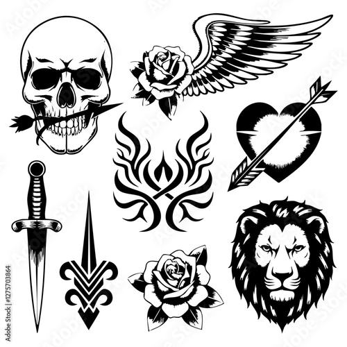 Tattoo Flash Vector Set – Skull, Lion, Dagger, Tribal Flame & Roses Collection