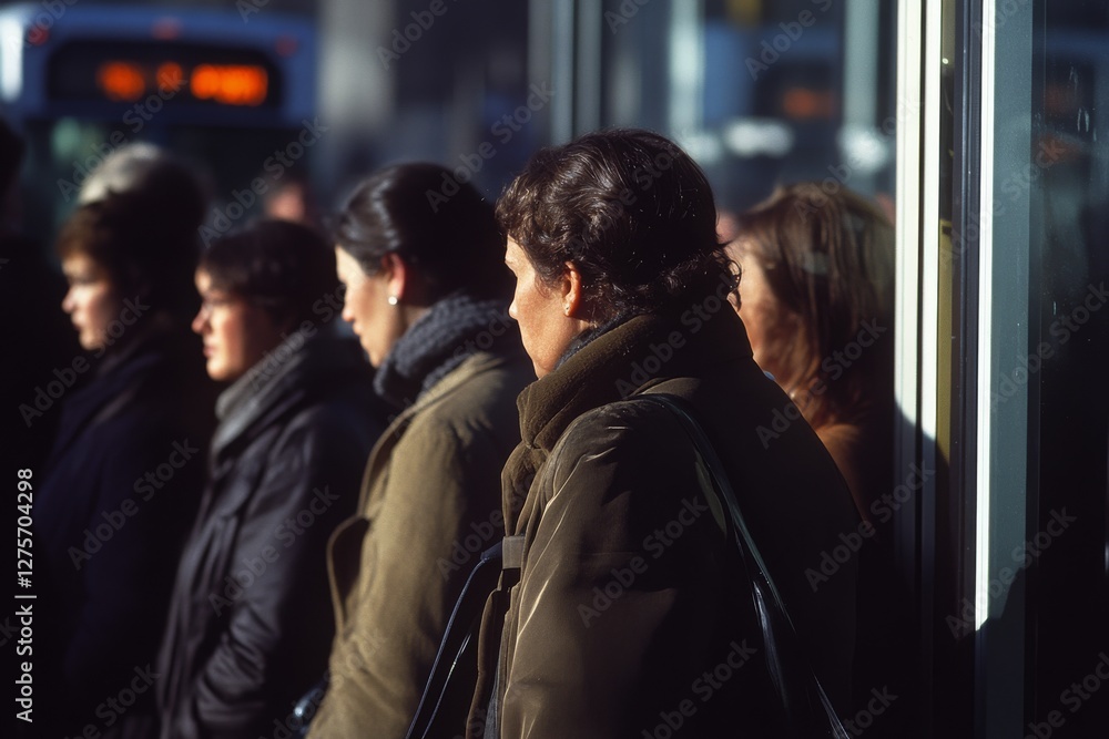 A group of people stands in line reflecting the soft sunlight, creating silhouettes against a busy urban bus stop background. A group of people stands in line reflecting the soft sunlight, creating silhouettes against a busy urban bus stop background.