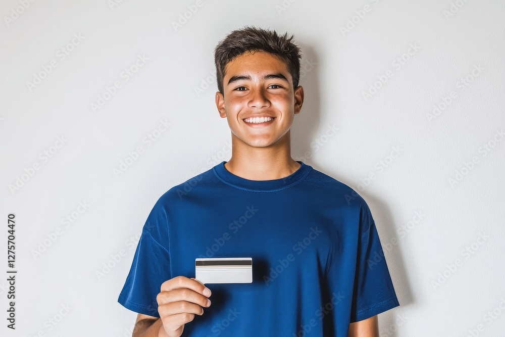 In front of a white wall, a young man of African American descent is seen holding a credit card In front of a white wall, a young man of African American descent is seen holding a credit card
