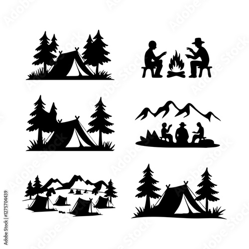 Camping and Campfire Silhouette Set – Tents, Trees & Outdoor Adventure Vector Collection
