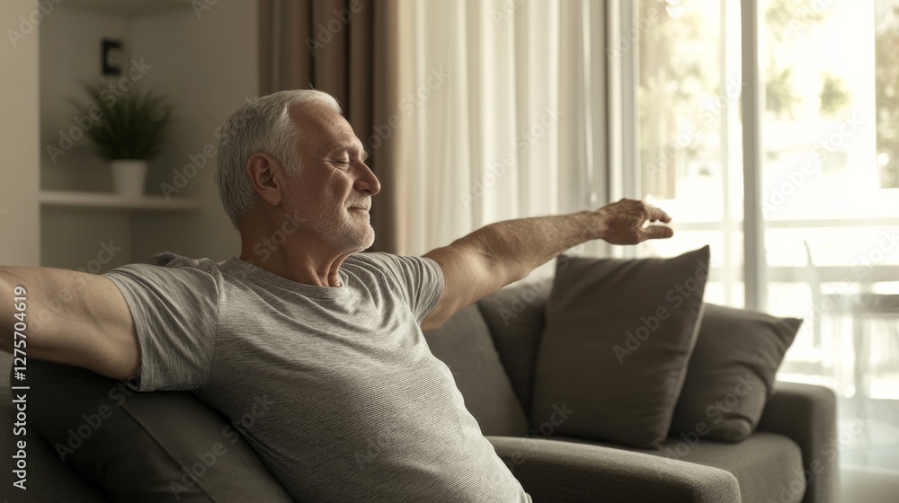 Shoulder stretch by a senior man in a comfortable living room. Featuring health and vitality Shoulder stretch by a senior man in a comfortable living room. Featuring health and vitality