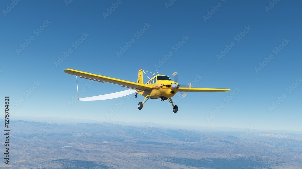 Naklejka premium In a sunny blue sky, a vintage retro airplane with a propeller engine flies with a white banner, illustrating the theme of aviation and tourism, set against a panoramic aerial view background with a