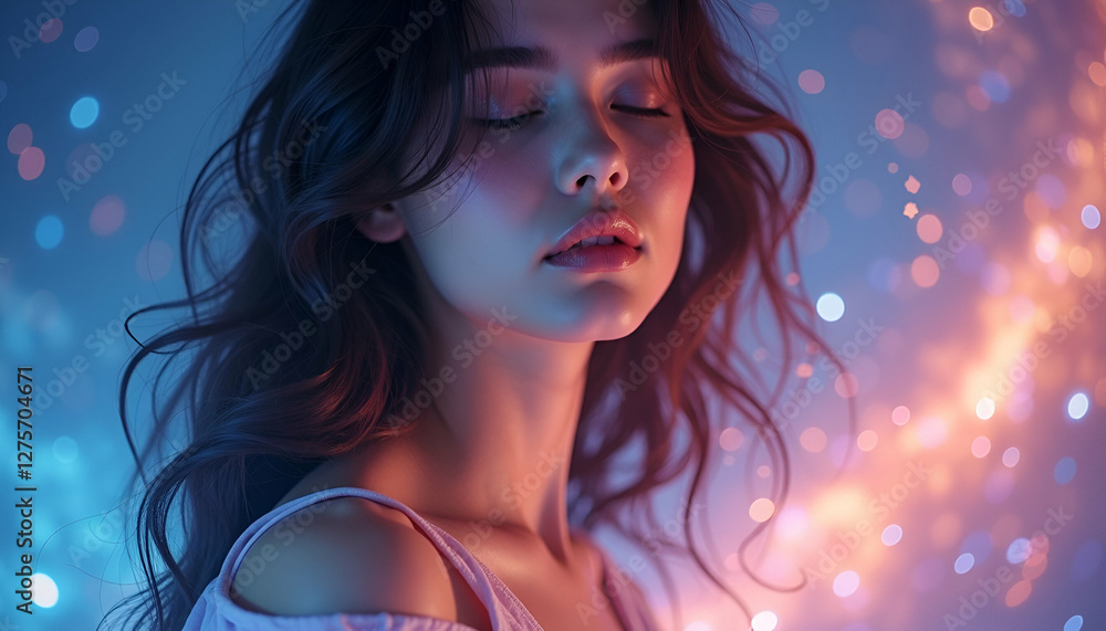 Naklejka premium Serene Woman with Closed Eyes in Ethereal Light – Dreamy Portrait with Soft Multicolored Glow and Gentle Bokeh Effects