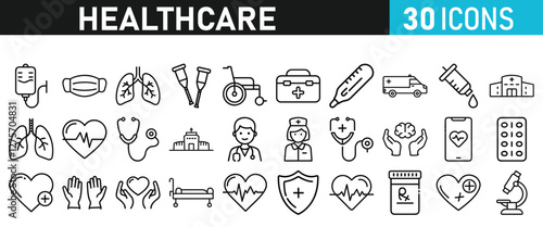 Healthcare set icons for web. Medicine and Health Care linear icon collection. Containing, Stethoscop, emergency, doctor, treatment, medical, report, diagnosis, health, prevention, patient