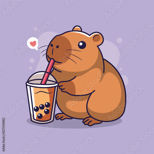 Cute capybara drink of boba. Vector illustration.