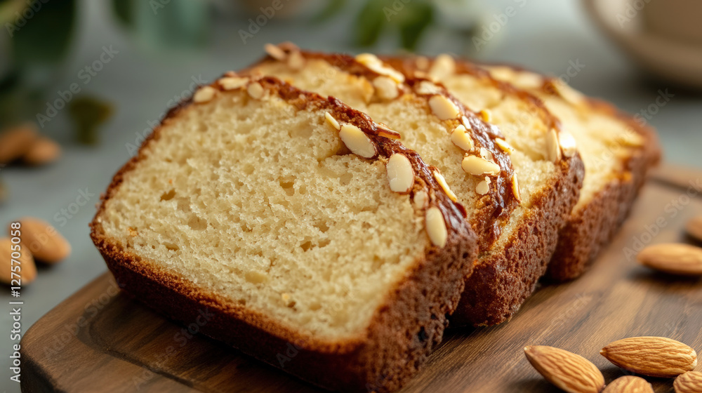 Delicious keto almond bread with soft interior and golden crust, garnished with almond slices, perfect for healthy snack or breakfast option Delicious keto almond bread with soft interior and golden crust, garnished with almond slices, perfect for healthy snack or breakfast option