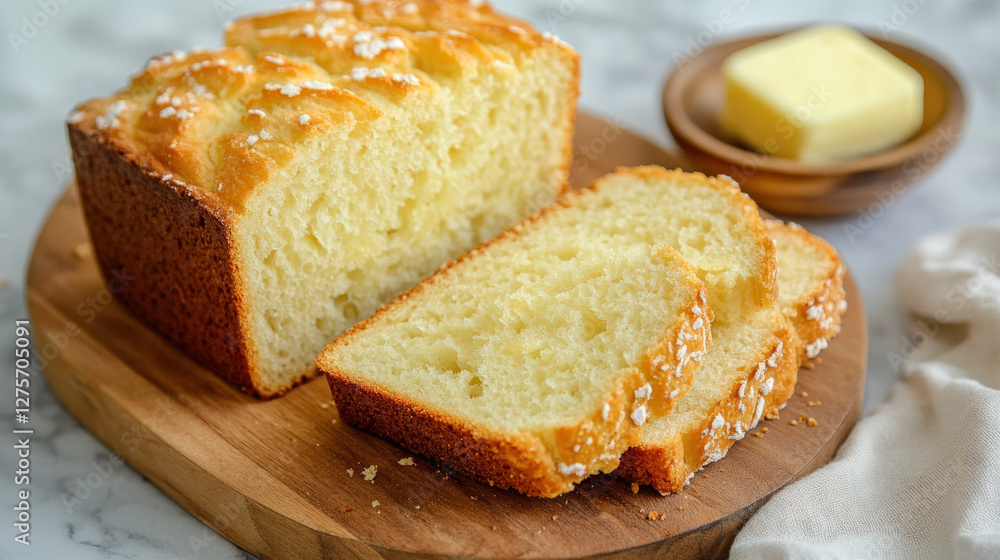 Freshly baked almond bread with golden brown crust, sliced and served on wooden board alongside pat of butter. Perfect for delicious breakfast or snack Freshly baked almond bread with golden brown crust, sliced and served on wooden board alongside pat of butter. Perfect for delicious breakfast or snack