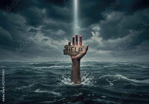 Hand Reaching Out From the Sea Holding Help Sign on Stormy Day