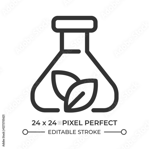 Biochemistry line ui icon. Fresh plant leaves within erlenmeyer flask. Researching botanical samples. Isolated vector outline symbol. Webdesign user interface element linear, pixel perfect