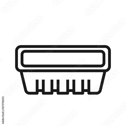 Disposable tray packaging with a ribbed bottom line icon. Plastic retail container for meat, fish and poultry. Food storage and transportation. Editable stroke. Isolated vector illustration