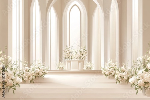 White floral wedding altar in minimalist chapel